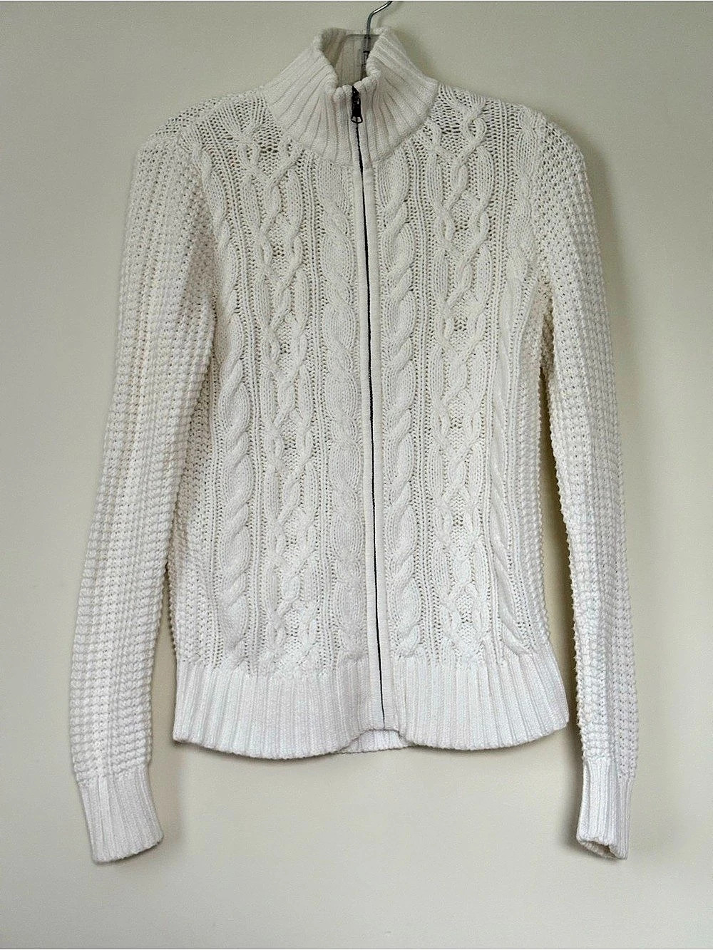 Lauren Ralph Lauren White Cable Knit Full Zip Sweater Women M Preppy